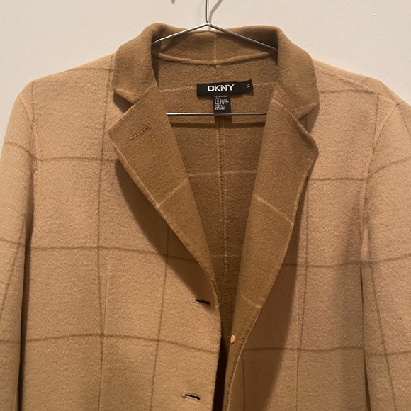 DKNY Tan and Camel Windowpane Plaid Wool Coat - Picture 6 of 7
